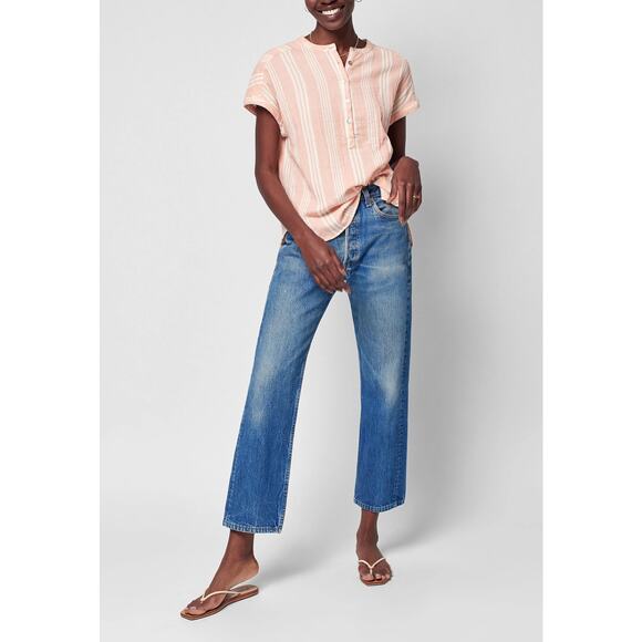 Faherty Dream Cotton Gauze Desmond Top Sepia Neutral Stripe - Picture 2 of 7